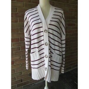 LOFT Cardigan Sweater XL Striped Pockets V-Neck Buttons Chunky 2021 Academia